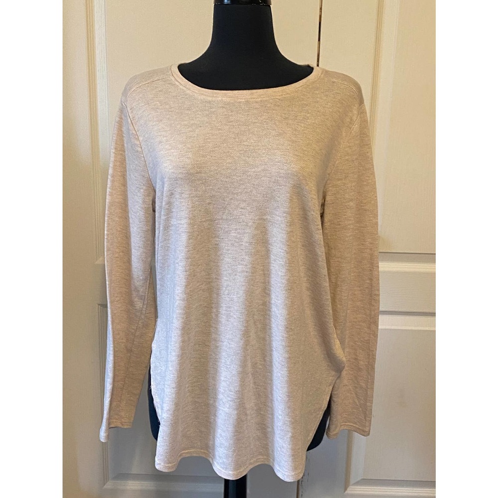 Mind Code Women's Cream Long Sleeve High Side Slit Soft Knit Pullover Size Large